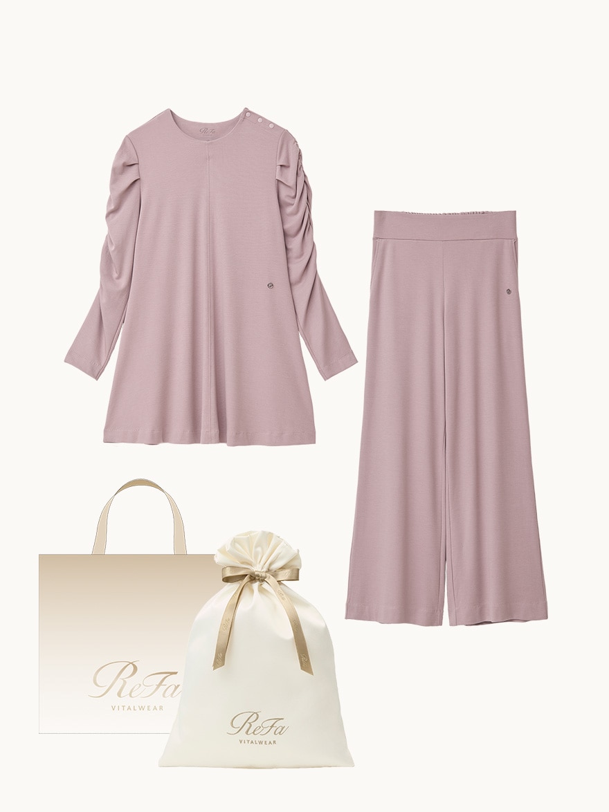 ［ギフトセット］モイストスムース ギャザースリーブプルオ―バー＋モイストスムース ワイドパンツ