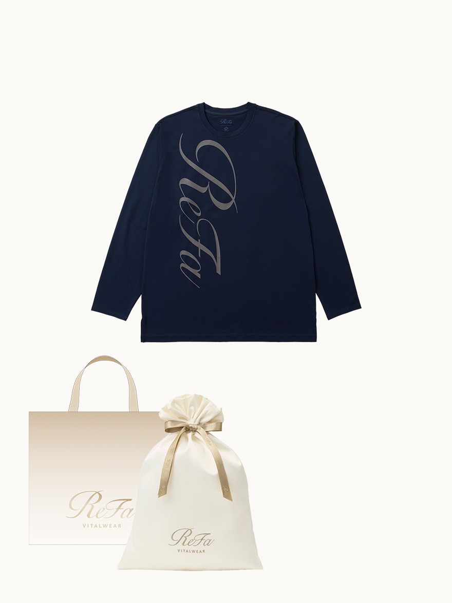 【ReFa VITALWEARギフトラッピングセットL + ショッパーM】リファバイタルテック コンフォートジャージー クルーネックロングTシャツ リファロゴ ネイビー S