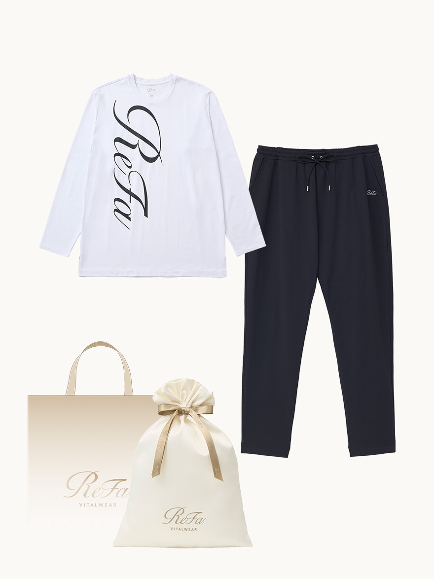 ［ギフトセット］コンフォートジャージー クルーネックロングTシャツリファロゴ （ホワイト）+コンフォートジャージー テーパードパンツ（ブラック）