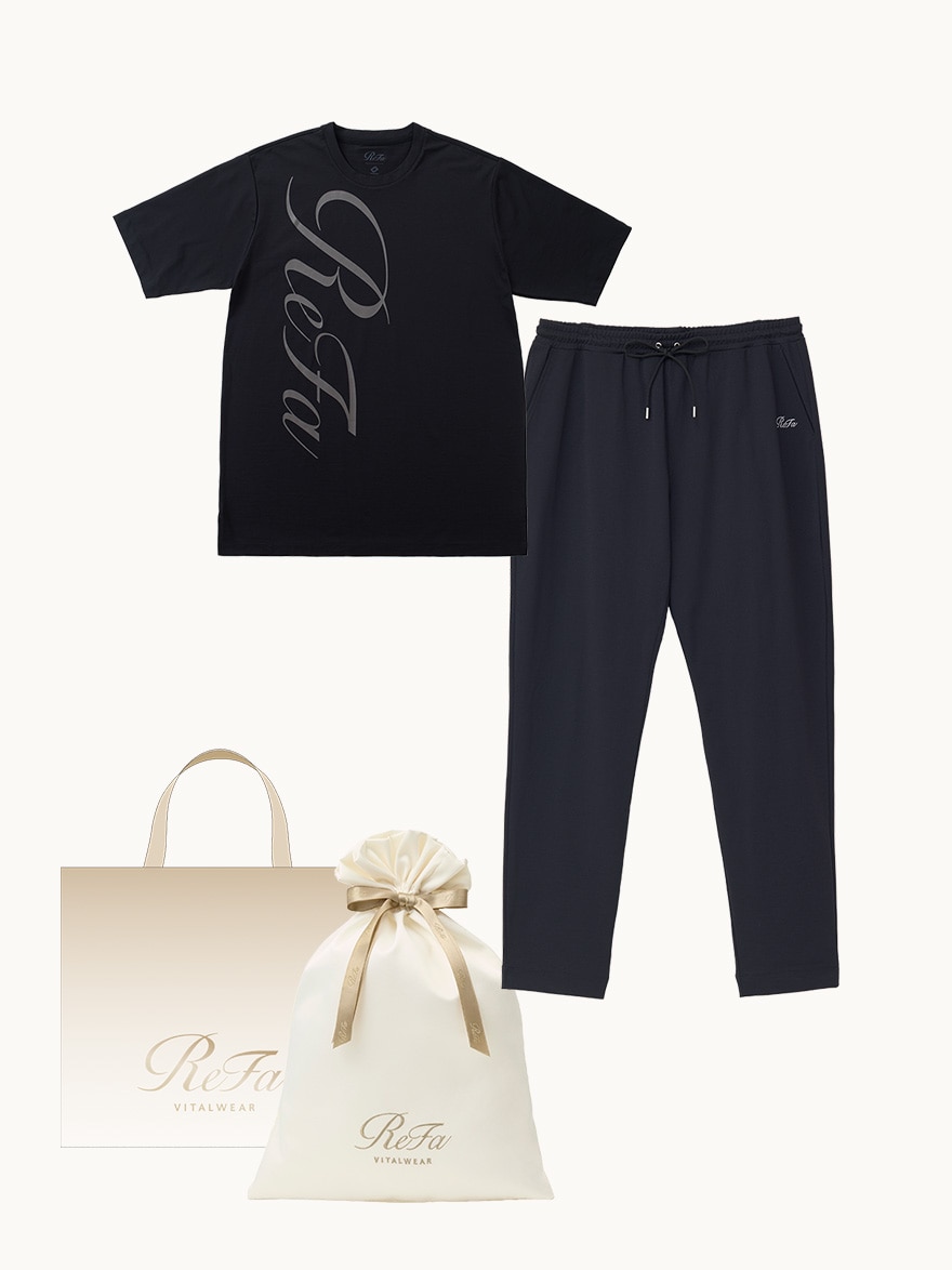 【ReFa VITALWEARギフトラッピングセットL + ショッパーM】リファバイタルテック コンフォートジャージー クルーネックTシャツ リファロゴ ブラック S + リファバイタルテック コンフォートジャージー テーパードパンツ ブラック S