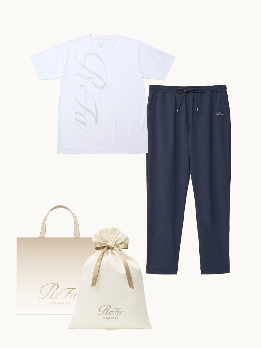 【ReFa VITALWEARギフトラッピングセットL + ショッパーM】リファバイタルテック コンフォートジャージー クルーネックTシャツ リファロゴ シルバー S + リファバイタルテック コンフォートジャージー テーパードパンツ ネイビー S