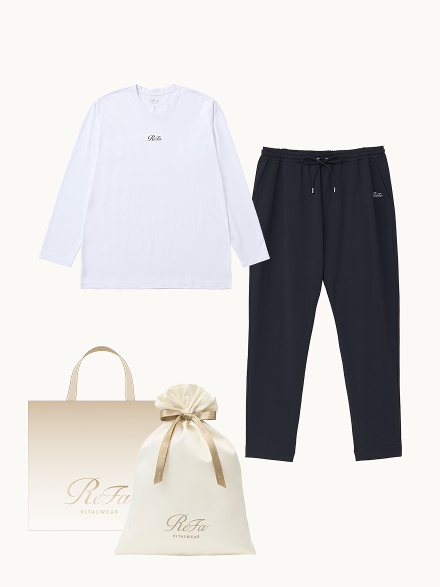 ［ギフトセット］コンフォートジャージー クルーネックロングTシャツ（ホワイト）+コンフォートジャージー テーパードパンツ（ブラック）