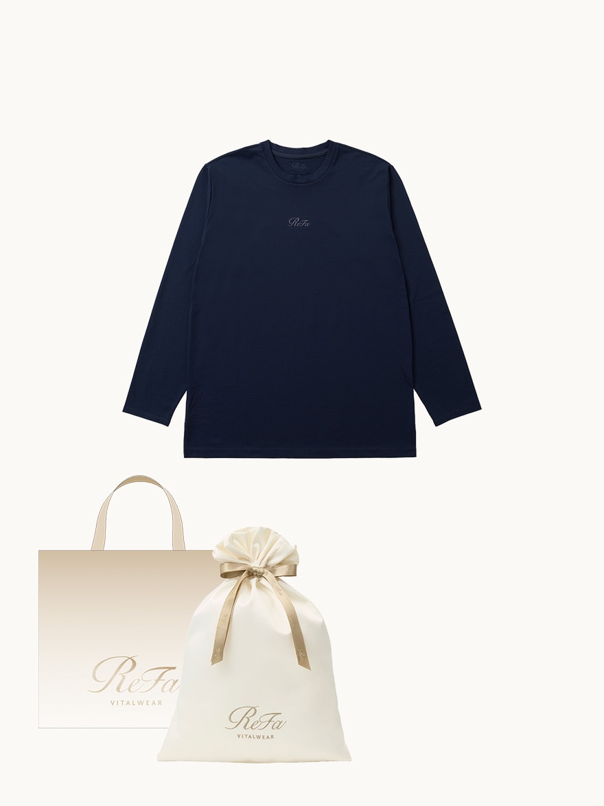 【ReFa VITALWEARギフトラッピングセットL + ショッパーM】リファバイタルテック コンフォートジャージー クルーネックロングTシャツ ネイビー S