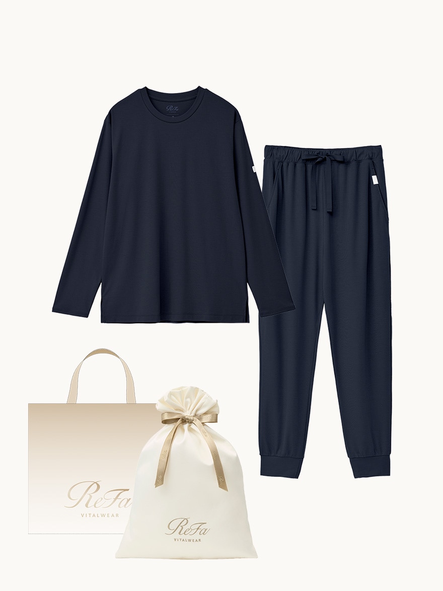 【ReFa VITALWEARギフトラッピングセットL + ショッパーM】リファバイタルテック モイストスムース ロングスリーブプルオーバー/MEN ネイビー SS + リファバイタルテック モイストスムース ジョガーパンツ/MEN ネイビー SS