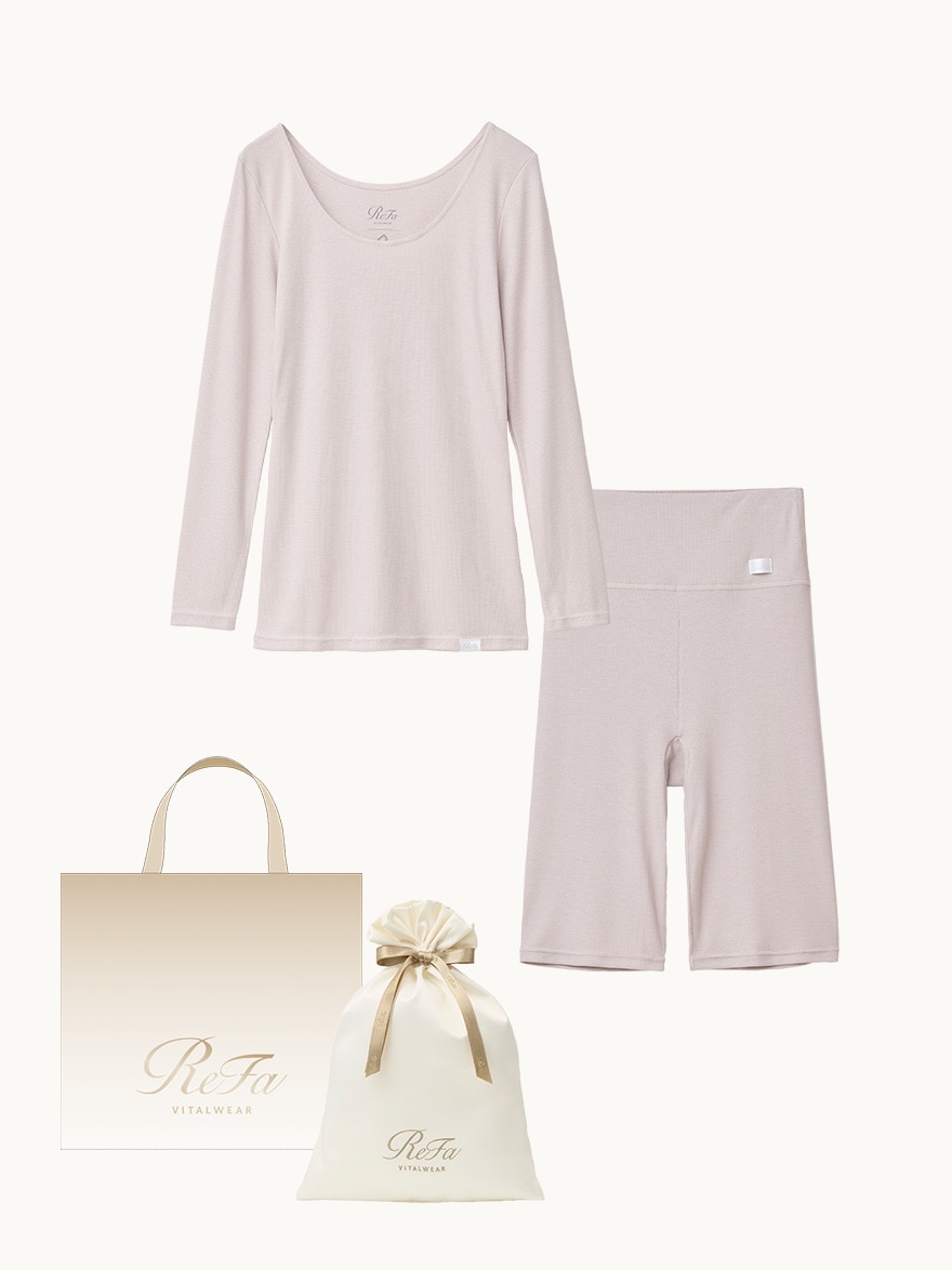【ReFa VITALWEARギフトラッピングセットM + ショッパーM】リファバイタルテック モイストリブ Uネックロングスリーブインナー ベージュ S + リファバイタルテック モイストリブ オーバーパンツ ベージュ S