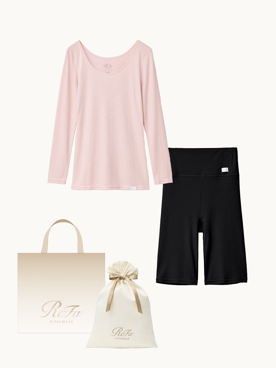 ［ギフトセット］モイストリブ Uネックロングスリーブインナー+モイストリブ オーバーパンツ （ピンク）