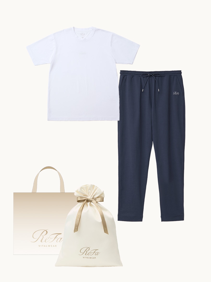 【ReFa VITALWEARギフトラッピングセットL + ショッパーM】リファバイタルテック コンフォートジャージー クルーネックTシャツ シルバー S + リファバイタルテック コンフォートジャージー テーパードパンツ ネイビー S