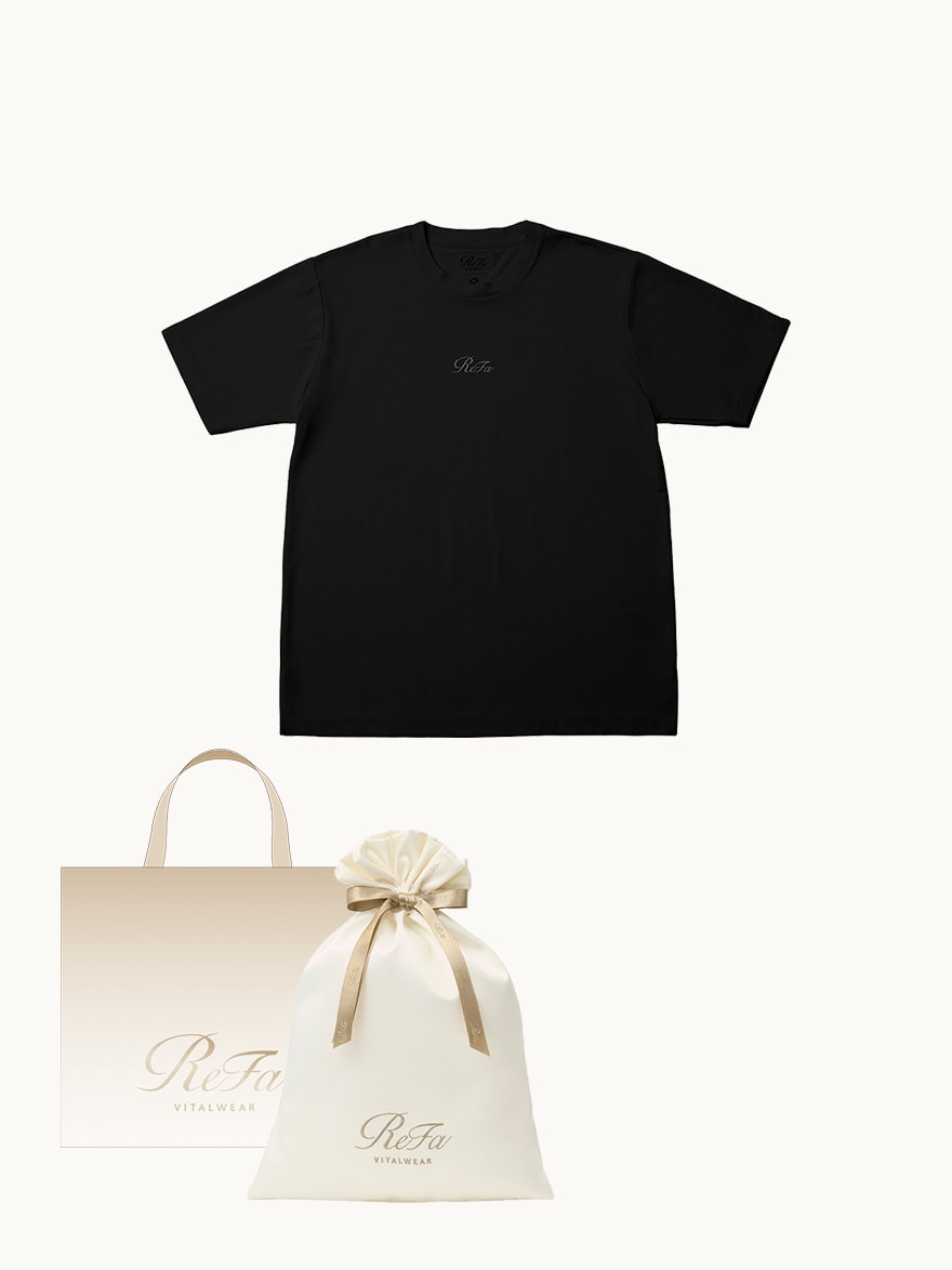 【ReFa VITALWEARギフトラッピングセットL + ショッパーM】リファバイタルテック コンフォートジャージー クルーネックTシャツ ブラック S