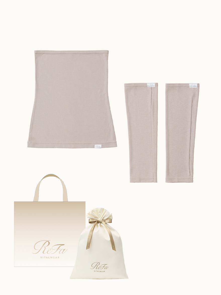 【ReFa VITALWEARギフトラッピングセットM + ショッパーM】リファバイタルテック モイストリブ ウエストウォーマー ベージュ S-L + リファバイタルテック モイストリブ レッグウォーマー ベージュ S-L