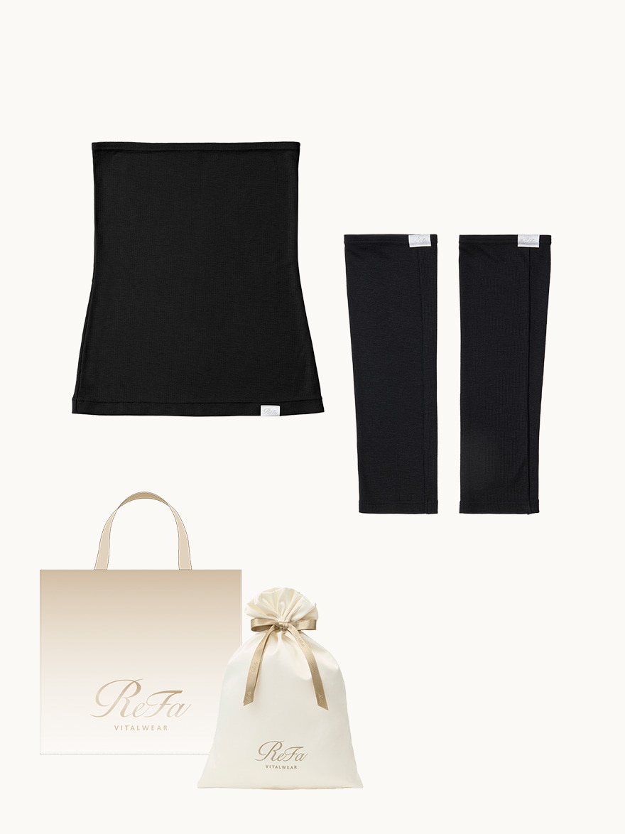 【ReFa VITALWEARギフトラッピングセットM + ショッパーM】リファバイタルテック モイストリブ ウエストウォーマー ブラック S-L + リファバイタルテック モイストリブ レッグウォーマー ブラック S-L