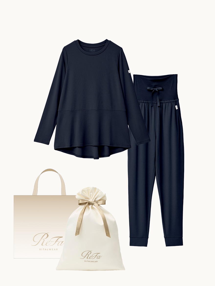 【ReFa VITALWEARギフトラッピングセットL + ショッパーM】リファバイタルテック モイストスムース ロングスリーブプルオーバー ネイビー SS + リファバイタルテック モイストスムース ジョガーパンツ ネイビー SS