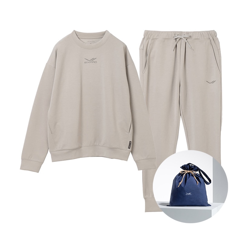 シックスパッド リカバリーウェア(クルーネック＆ジョガーパンツ)上下セット ウォームグレー L ＆ ギフト巾着バッグセット