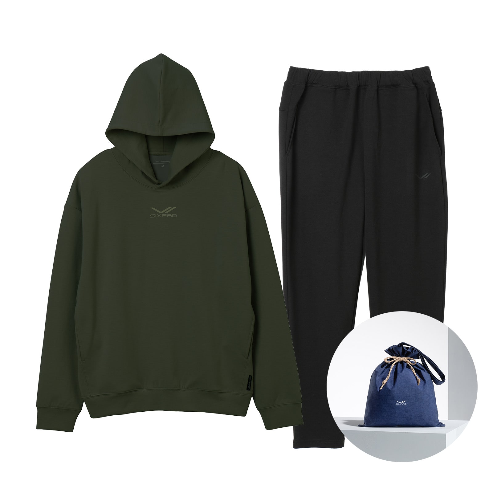 シックスパッド リカバリーウェア パーカー カーキ LL ＆ テーパードパンツ ブラック LL & ギフト巾着バッグセット