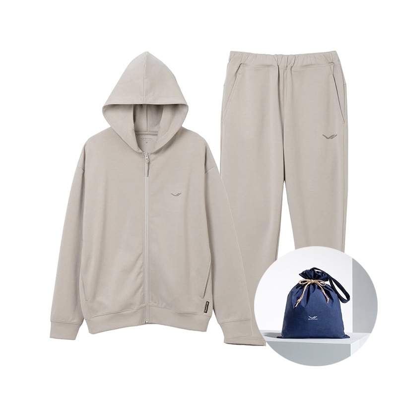 シックスパッド リカバリーウェア(ジップパーカー＆テーパードパンツ)上下セット ウォームグレー L ＆ ギフト巾着バッグセット