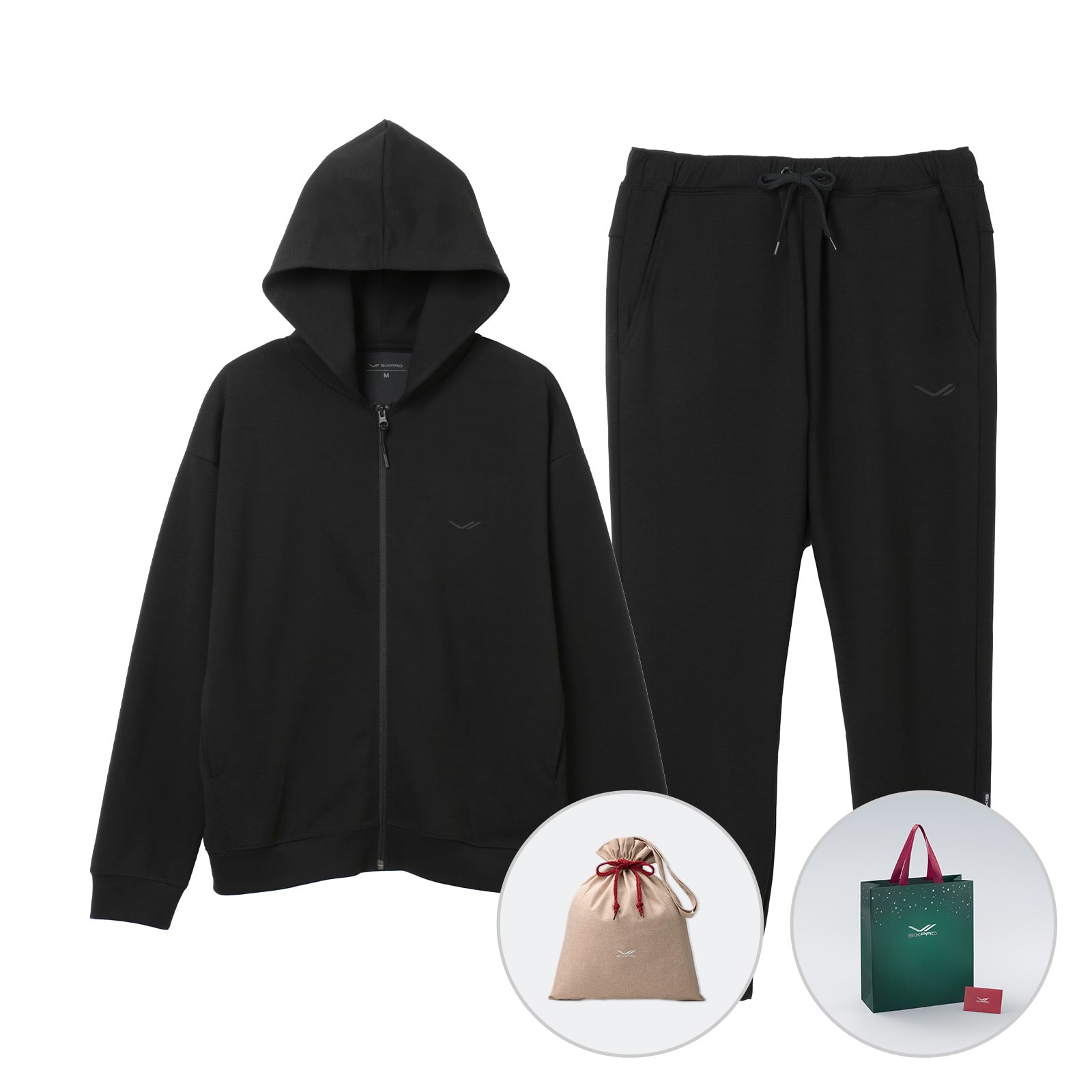 シックスパッド リカバリーウェア(ジップパーカー＆ジョガーパンツ)上下セット ブラック S ＆ 期間限定ギフト巾着バッグセット