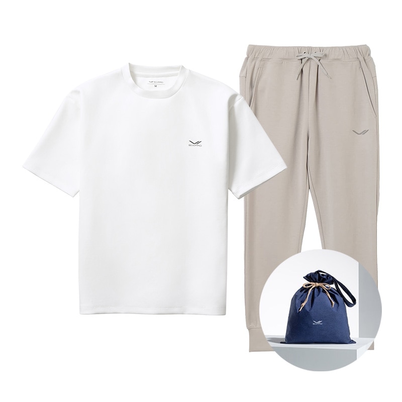 シックスパッド リカバリーウェア オーバーサイズTシャツ ホワイト LL ＆ シックスパッド リカバリーウェア ジョガーパンツ ウォームグレー LL ＆ ギフト巾着バッグセット