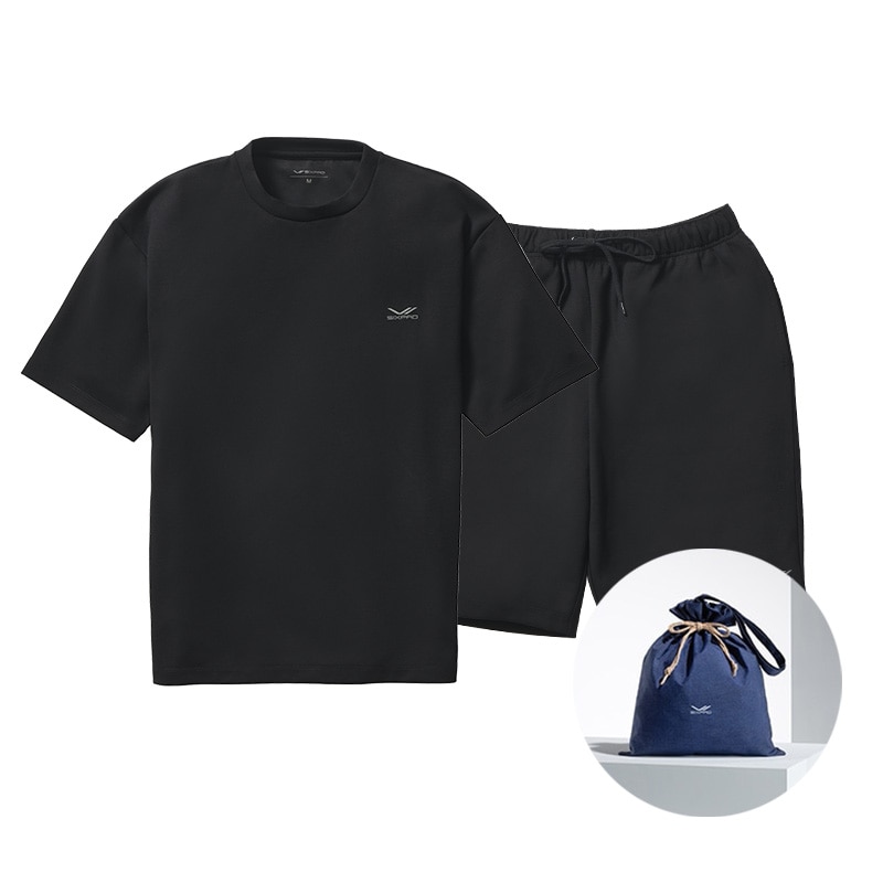 シックスパッド リカバリーウェア オーバーサイズTシャツ ブラック M ＆ シックスパッド リカバリーウェア ハーフパンツ ブラック M ＆ ギフト巾着バッグセット