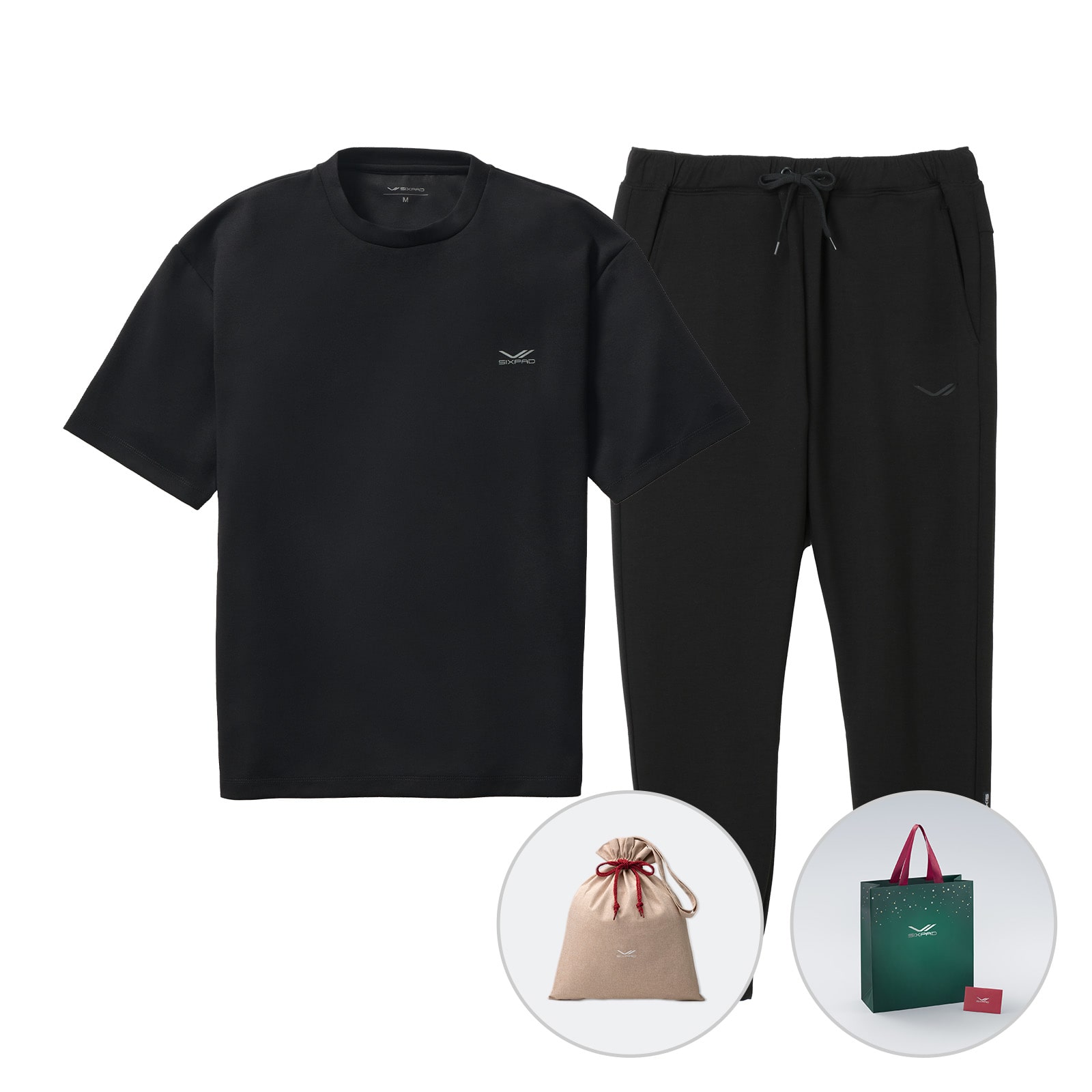 シックスパッド リカバリーウェア オーバーサイズTシャツ ブラック S & シックスパッド リカバリーウェア ジョガーパンツ ブラック S & 期間限定ギフト巾着バッグセット