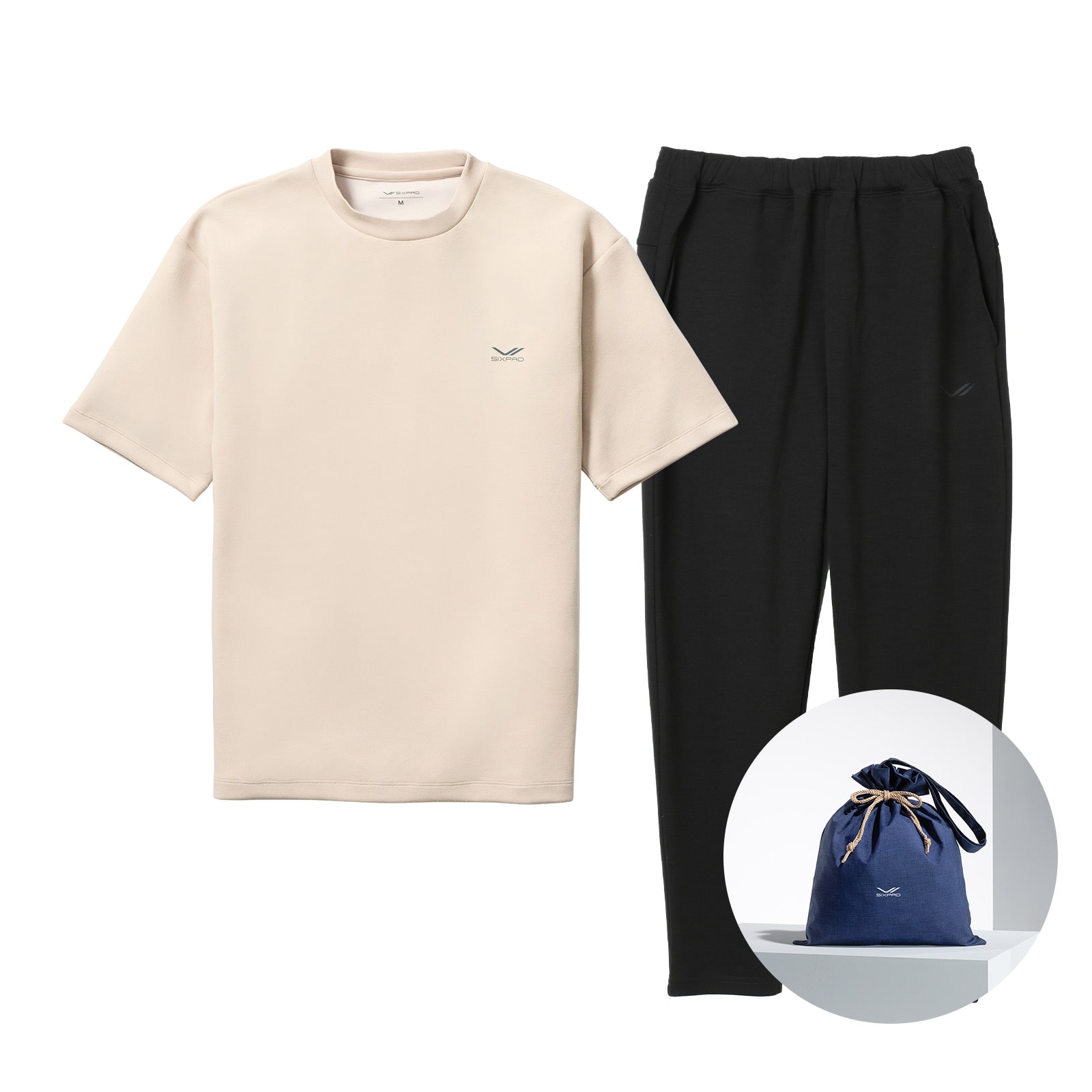 シックスパッド リカバリーウェア オーバーサイズTシャツ ベージュ L ＆ シックスパッド リカバリーウェア テーパードパンツ ブラック L ＆ ギフト巾着バッグセット (旧モデル)