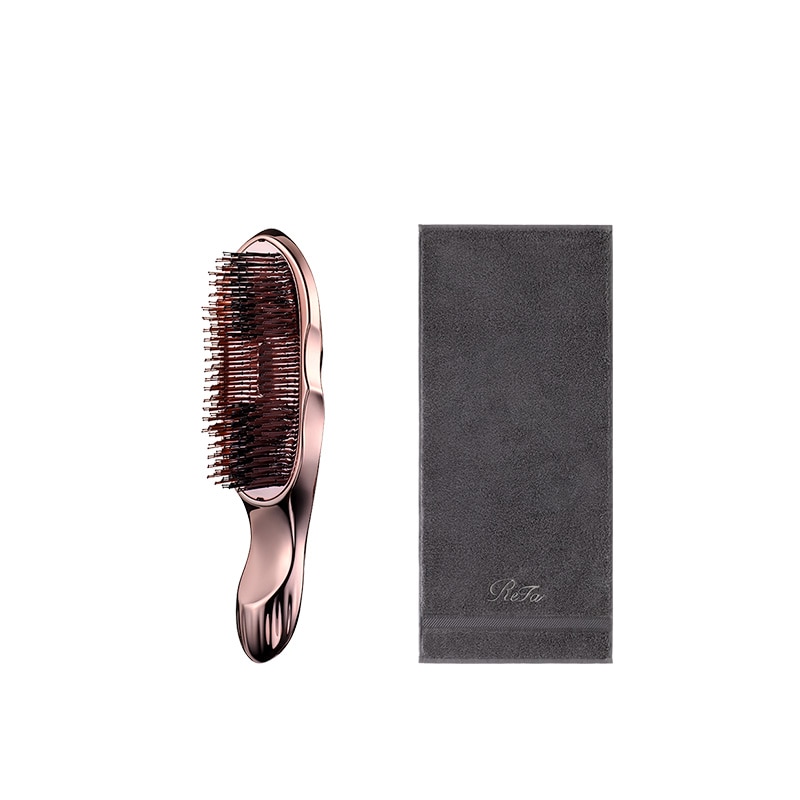 リファイオンケアブラシプレミアム（ローズゴールド） ＆ リファヘアフェイスタオル（ダークグレー）