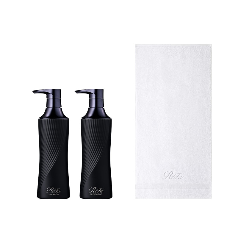 リファビューテックシャンプー 500ｍL（ブラック）  &  リファビューテックトリートメント 500g（ブラック） セット ＆ リファミニバスタオル（ホワイト）