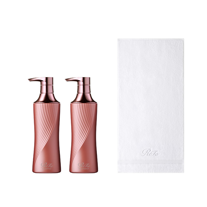 リファビューテックシャンプー 500ｍL（ピンク）  &  リファビューテックトリートメント 500g（ピンク） セット ＆ リファミニバスタオル（ホワイト）
