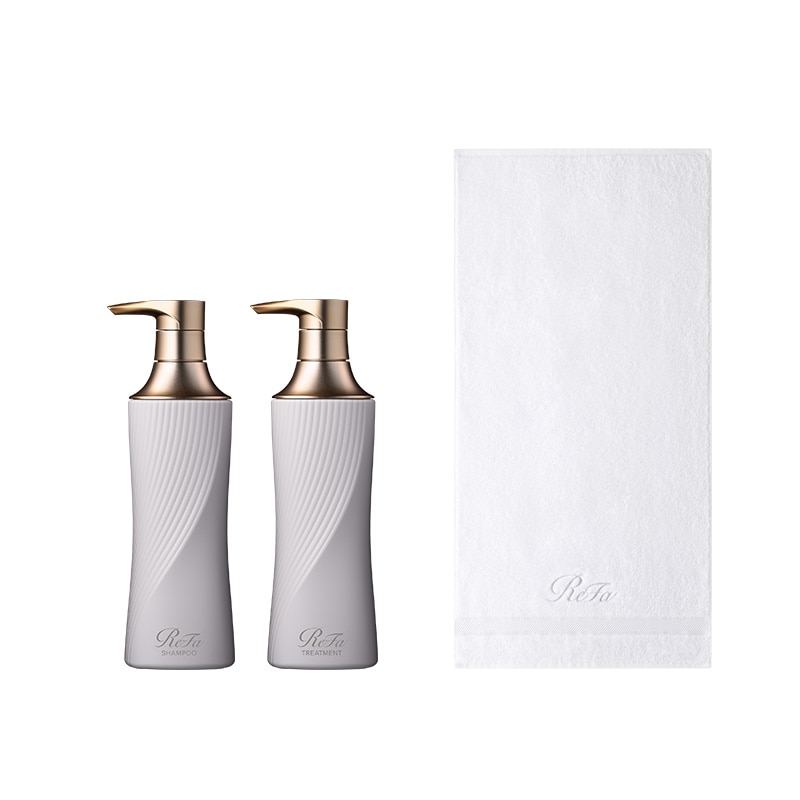 リファビューテックシャンプー 500ｍL（アイボリー）  &  リファビューテックトリートメント 500g（アイボリー） セット ＆ リファミニバスタオル（ホワイト）