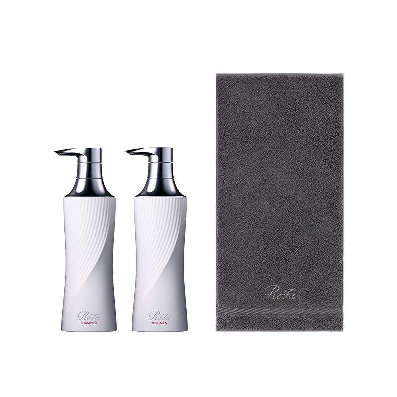 リファビューテックシャンプー 500ｍL & リファビューテックトリートメント 500g セット ＆ リファミニバスタオル（ダークグレー）