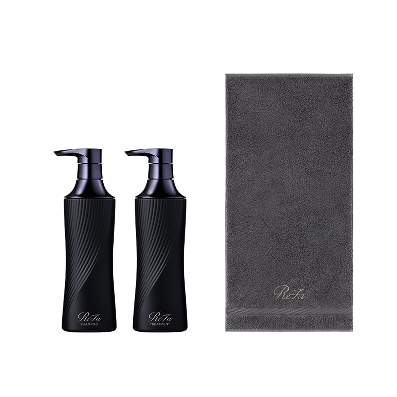 リファビューテックシャンプー 500ｍL（ブラック） & リファビューテックトリートメント 500g（ブラック） セット ＆ リファミニバスタオル（ダークグレー）