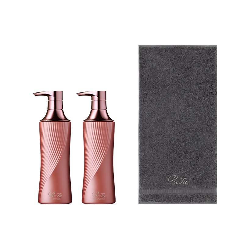 リファビューテックシャンプー 500ｍL（ピンク） & リファビューテックトリートメント 500g（ピンク） セット ＆ リファミニバスタオル（ダークグレー）