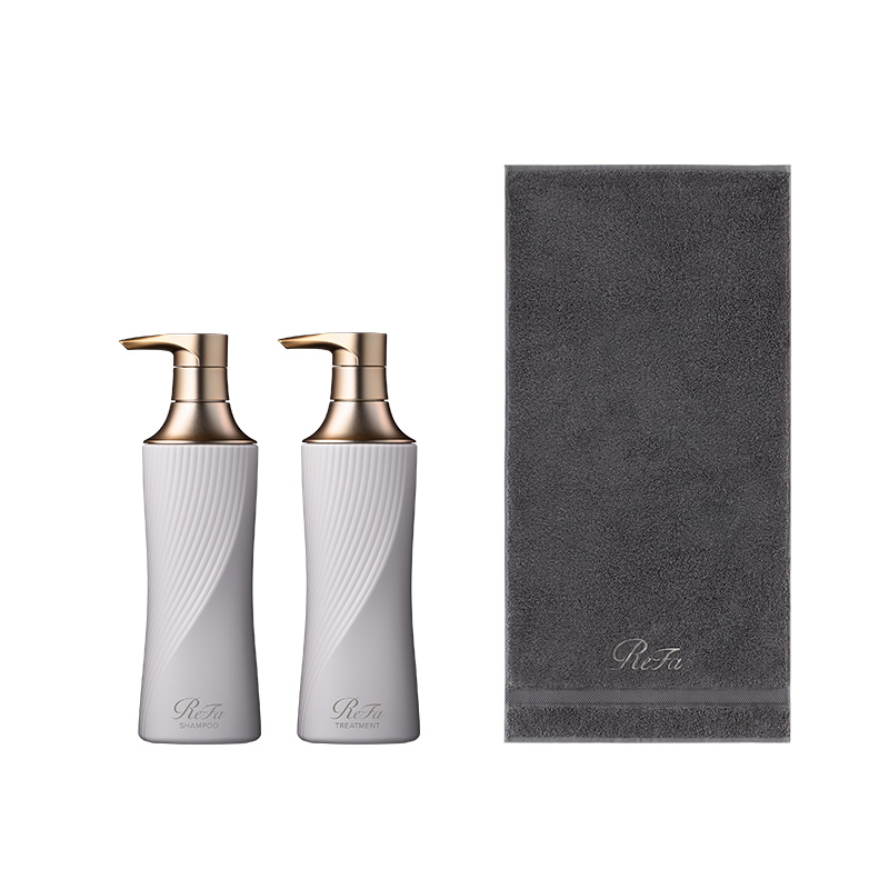 リファビューテックシャンプー 500ｍL（アイボリー） & リファビューテックトリートメント 500g（アイボリー） セット ＆ リファミニバスタオル（ダークグレー）