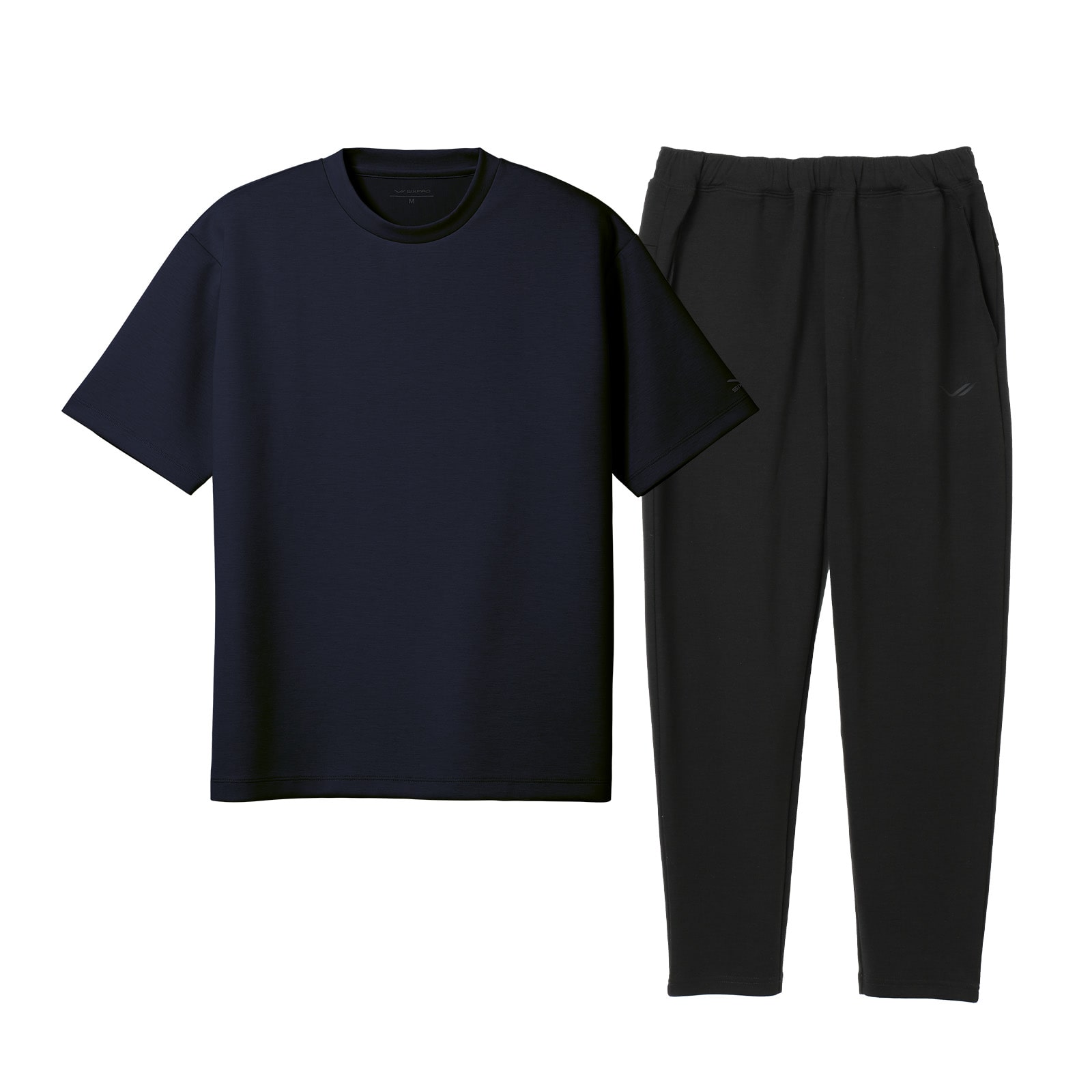シックスパッド リカバリーウェア オーバーサイズTシャツ ネイビー L ＆ シックスパッド リカバリーウェア テーパードパンツ ブラック L セット