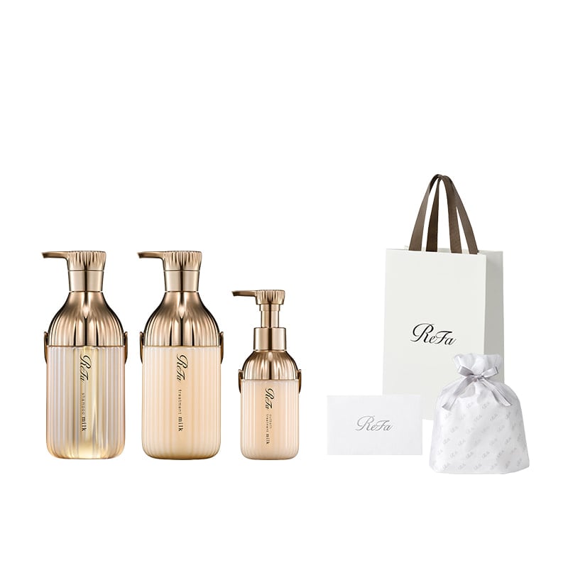 【ReFaプレミアムラッピングセット S】リファミルクプロテインシャンプーロイヤル & トリートメントロイヤル & アウトバストリートメントロイヤル セット