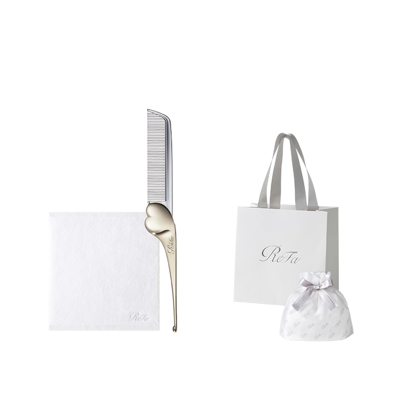 【ReFaギフトラッピングセット SS】リファハンドタオル（ホワイト） & リファハートコーム アイラ（シャンパンゴールド）