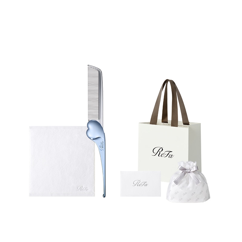 【ReFaプレミアムラッピングセット SS】リファハンドタオル（ホワイト） ＋ リファハートコーム アイラ（アクアブルー）