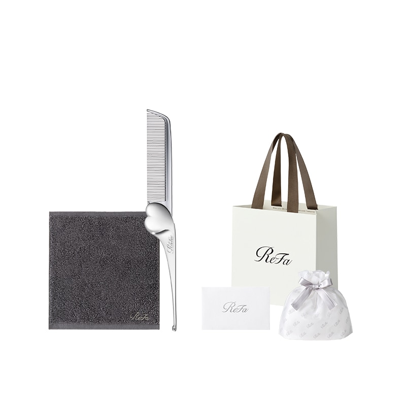 【ReFaプレミアムラッピングセット SS】リファハンドタオル（ダークグレー） ＋ リファハートコーム アイラ（シルバー）