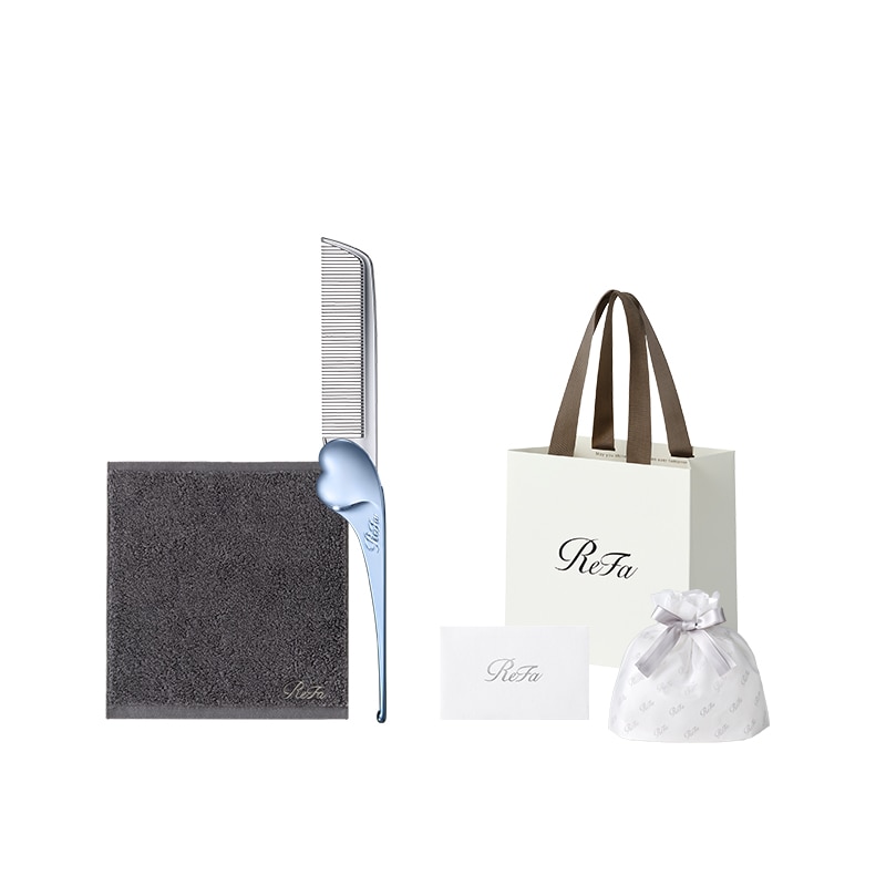 【ReFaプレミアムラッピングセット SS】リファハンドタオル（ダークグレー） ＋ リファハートコーム アイラ（アクアブルー）