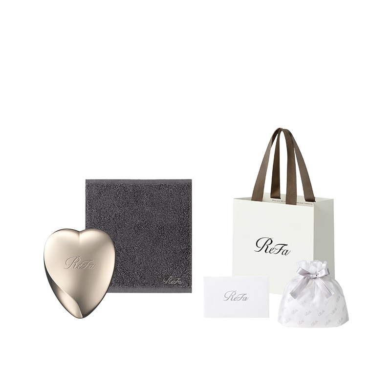 【ReFaプレミアムラッピングセット SS】リファハンドタオル（ダークグレー） ＋ リファハートブラシミニ（シャンパンゴールド）