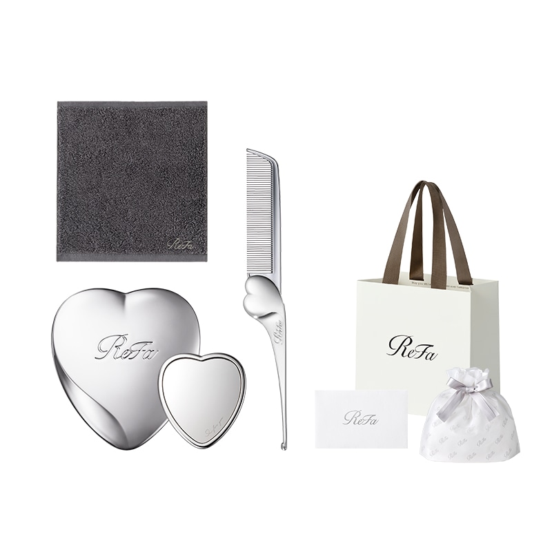 【ReFaプレミアムラッピングセット SS】リファハンドタオル（ダークグレー） ＋ リファハートコーム アイラ（シルバー） ＋ リファハートミラー（シルバー）