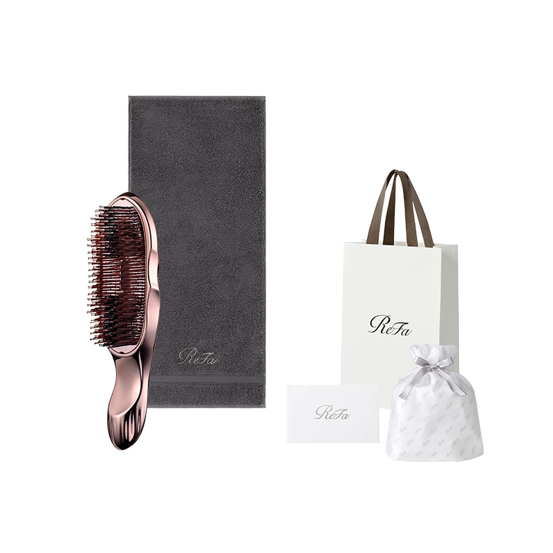 【ReFaプレミアムラッピングセット S】リファヘアフェイスタオル（ダークグレー）＋ リファイオンケアブラシプレミアム（ローズゴールド）