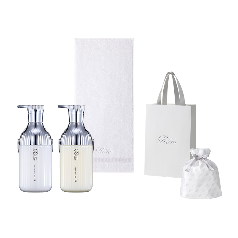 【ReFaギフトラッピングセット S】リファミルクプロテインシャンプー & トリートメント＆ リファヘアフェイスタオル（ホワイト）