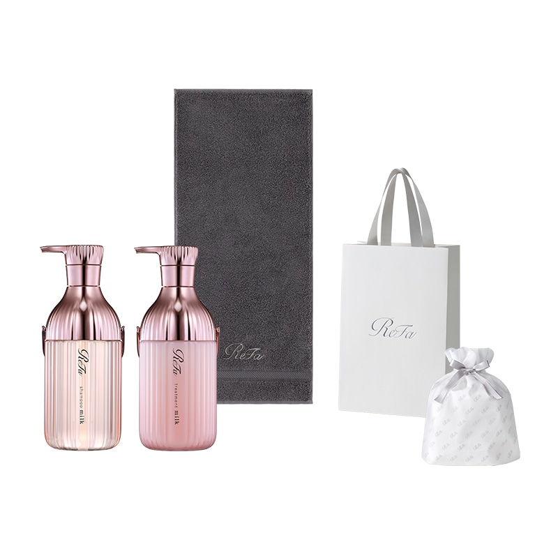 【ReFaギフトラッピングセット S】リファミルクプロテインシャンプーピンク & トリートメントピンク & リファヘアフェイスタオル（ダークグレー）