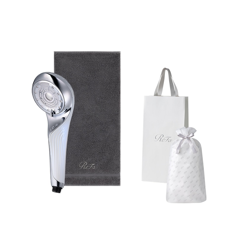 【ReFaギフトラッピングセット S＋】リファファインバブル U（ホワイト） ＆ リファミニバスタオル（ダークグレー）