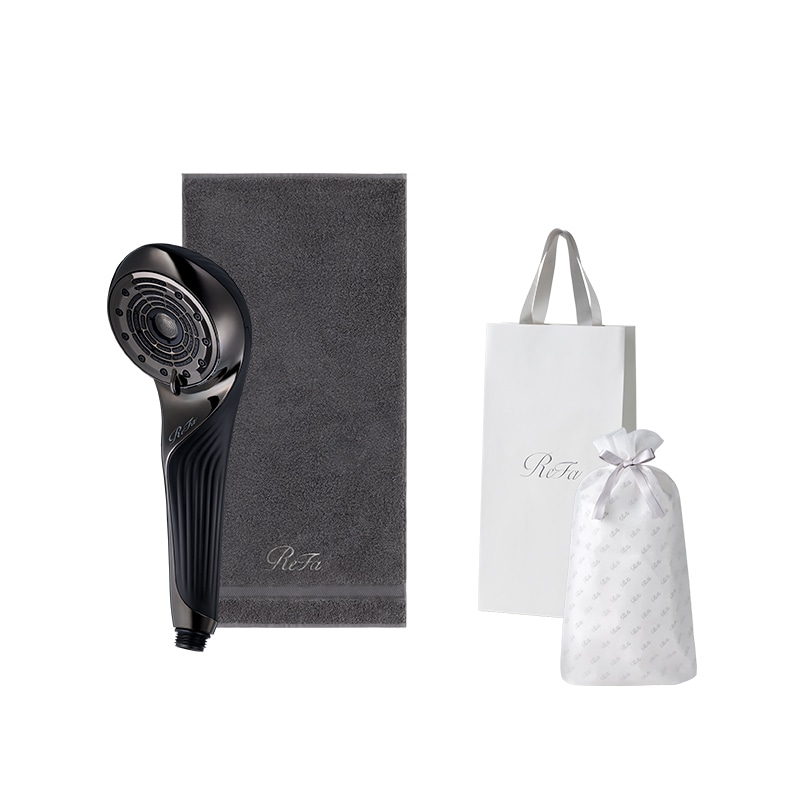【ReFaギフトラッピングセット S＋】リファファインバブル U（ブラック） ＆ リファミニバスタオル（ダークグレー）