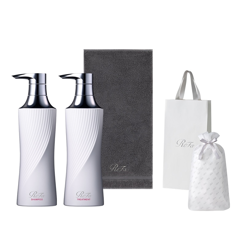 【ReFaギフトラッピングセット S＋】リファビューテックシャンプー 500ｍL & リファビューテックトリートメント 500g ＆ リファミニバスタオル（ダークグレー）