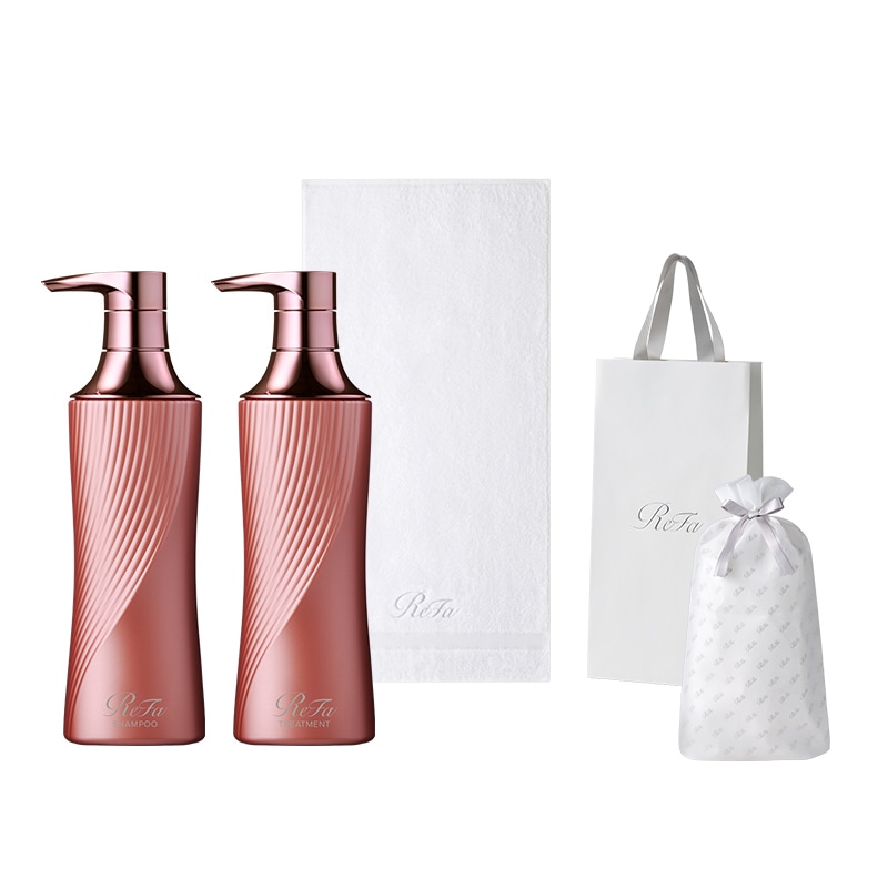 【ReFaギフトラッピングセット S＋】リファビューテックシャンプー 500mL（ピンク）＆ リファビューテックトリートメント 500g（ピンク） ＆ リファミニバスタオル（ホワイト）