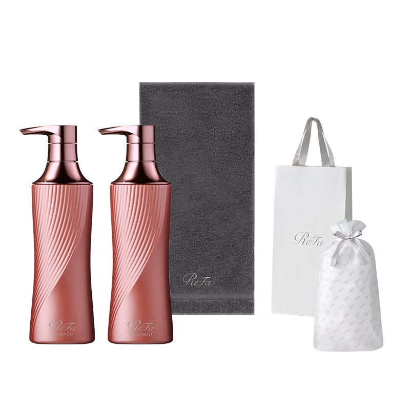 【ReFaギフトラッピングセット S＋】リファビューテックシャンプー 500mL（ピンク）＆ リファビューテックトリートメント 500g（ピンク） ＆ リファミニバスタオル（ダークグレー）