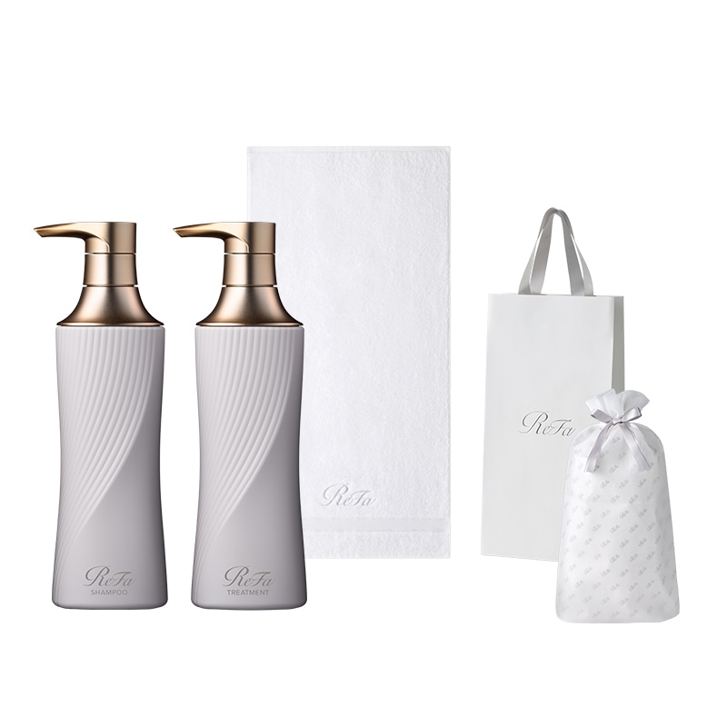 【ReFaギフトラッピングセット S＋】リファビューテックシャンプー 500mL（アイボリー）＆ リファビューテックトリートメント 500g（アイボリー） ＆ リファミニバスタオル（ホワイト）