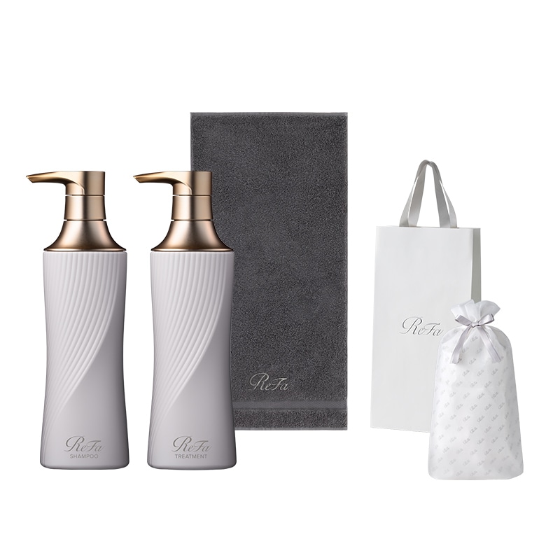 【ReFaギフトラッピングセット S＋】リファビューテックシャンプー 500mL（アイボリー）＆ リファビューテックトリートメント 500g（アイボリー） ＆ リファミニバスタオル（ダークグレー）