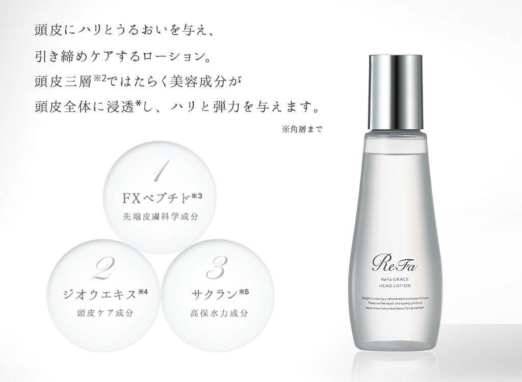 頭皮にハリとうるおいを与え、引き締めケアするローション。頭皮三層※2ではたらく美容成分が奥深く浸透し、顔全体のハリアップへと導きます。 1 FXペプチド※3先端皮膚科学成分 2 ジオウエキス※4頭皮ケア成分 3 サクラン※5 高保水力成分
